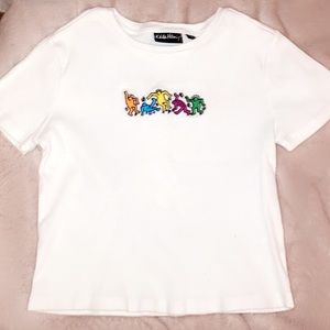 All white crop top with colorful design